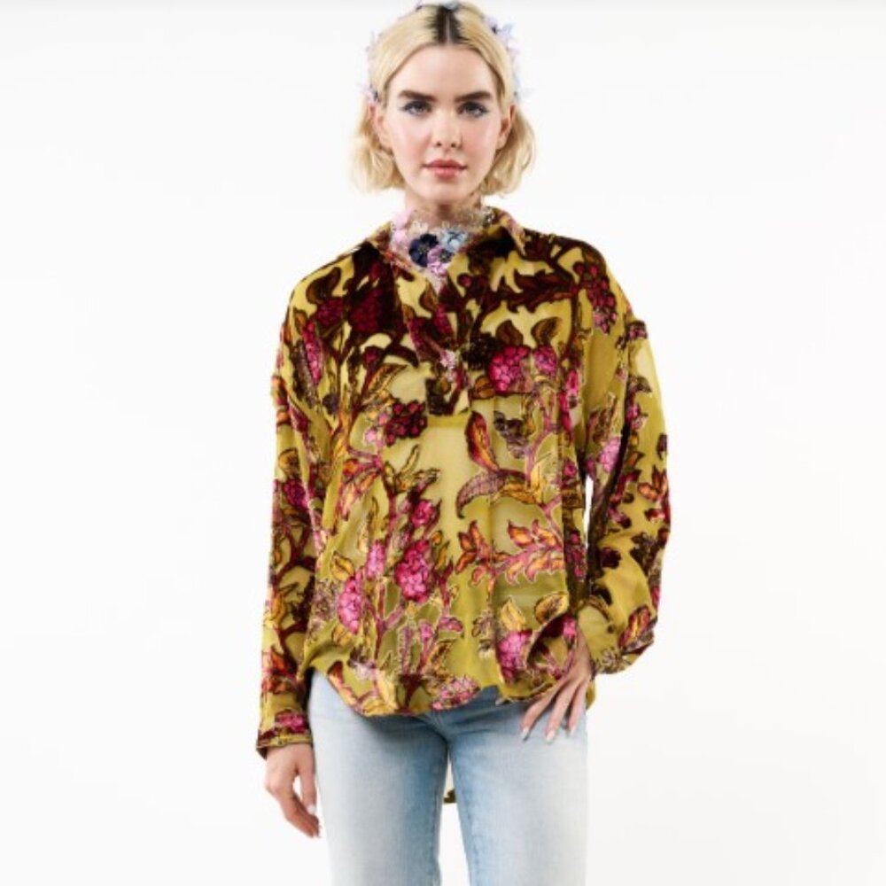 ARATTA Burnout Velvet Holiday Jewels Blouse /Olive Crystal Brooch